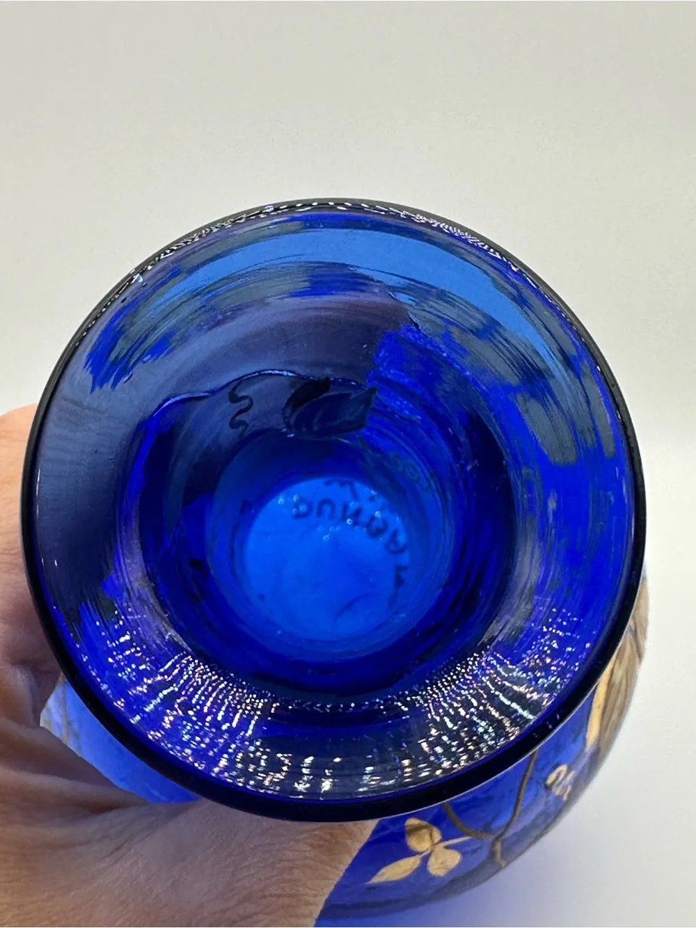 Landtree Art Cobalt Blue Glass Vase Hand Painted Gold Grapes Leaves Signed
